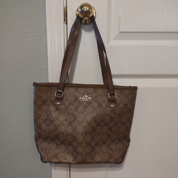 COACH Zip Top Tote Purse Shoulder Bag Coated Canvas Signature Logo Brown F58294 - Picture 1 of 16